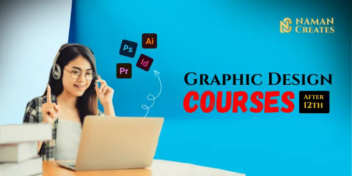 Graphic design courses after 12th with laptop setup and creative tools – Photoshop, Illustrator, InDesign, and Premiere Pro icons for beginners.
