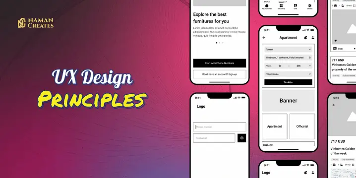 UX Design Principles visual with mobile UI mockups showcasing user interface best practices and user experience design concepts